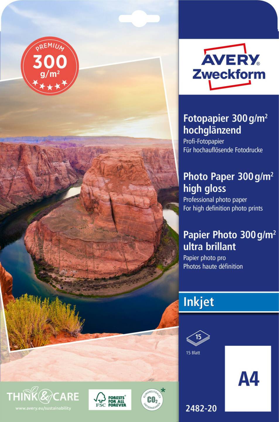 Druckerpapiere MediaMarkt Avery Zweckform 2482-20 Premium Inkjet Fotopapier, A4, einseitig beschichtet, 300 g/m², 15 Blatt